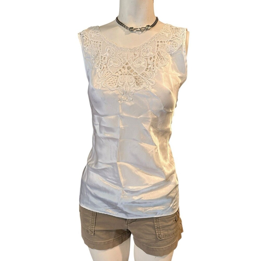 Vintage 80s Intimates White Lace Cotton Tank Top M Made in USA satin